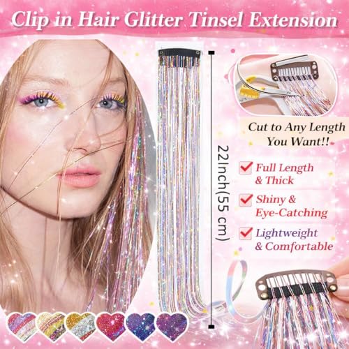 Hair Tinsel Clip In 12 Pack 22 Inch Heat Resistant Glitter Extensions