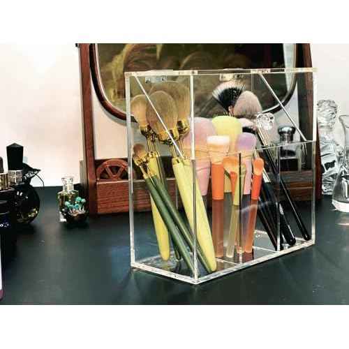 Acrylic Makeup Organizer,Clear Cosmetic Brush Storage Box With 3 Brush Holders,Makeup Brush Holderwith Dust Cover, Large-capacity Split Design Can Quickly Organize the Desktop£¨No pearls£©