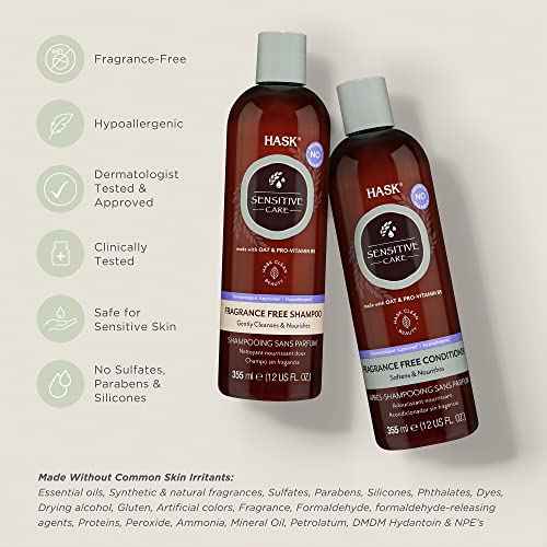HASK Sensitive Care Shampoo + Conditioner Set | Fragrance-Free, Paraben-Free, Sulfate-Free, Gluten-Free, Vegan, Cruelty-Free, Color Safe | 12oz each