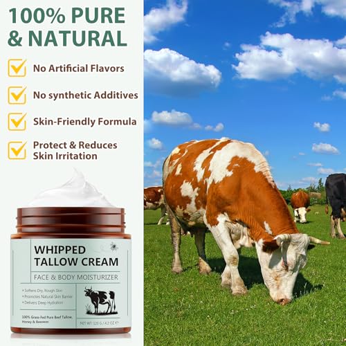 Beef Tallow for Skin, Tallow Face Moisturizer, Tallow and Honey Balm, Organic Grass-Fed Whipped Beef Tallow and Honey Cream, Deeply Moisturizing for Face & Body, Suitable for Dry & Aging Skin,4.2 oz