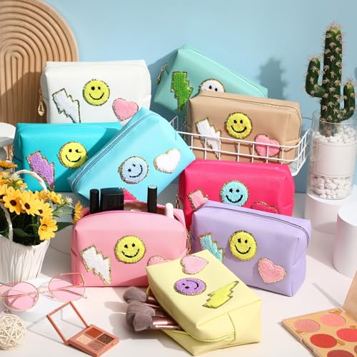 Chunful 9 Pcs Preppy Makeup Bag PU Leather Cosmetic Bag Bulk Makeup Plain Pouch Waterproof Toiletry Purse for Women Traveling Pencil Case Valentine's Day Gifts(Multicolor,Smile, Lightning, Heart)