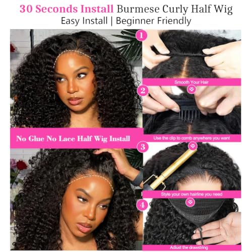 Larhali Burmese Curly Half Wig 20 Inch Human Hair Glueless