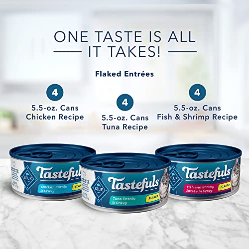 Blue Buffalo Tastefuls Natural Flaked Wet Cat Food Variety Pack, Tuna, Chicken and Fish & Shrimp Entrées in Gravy 5.5-oz Cans (12 Count - 4 of Each)