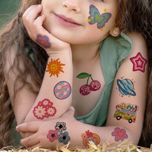 CHARLENT Groovy 70s Glitter Temporary Tattoos for Kids - 74 Designs