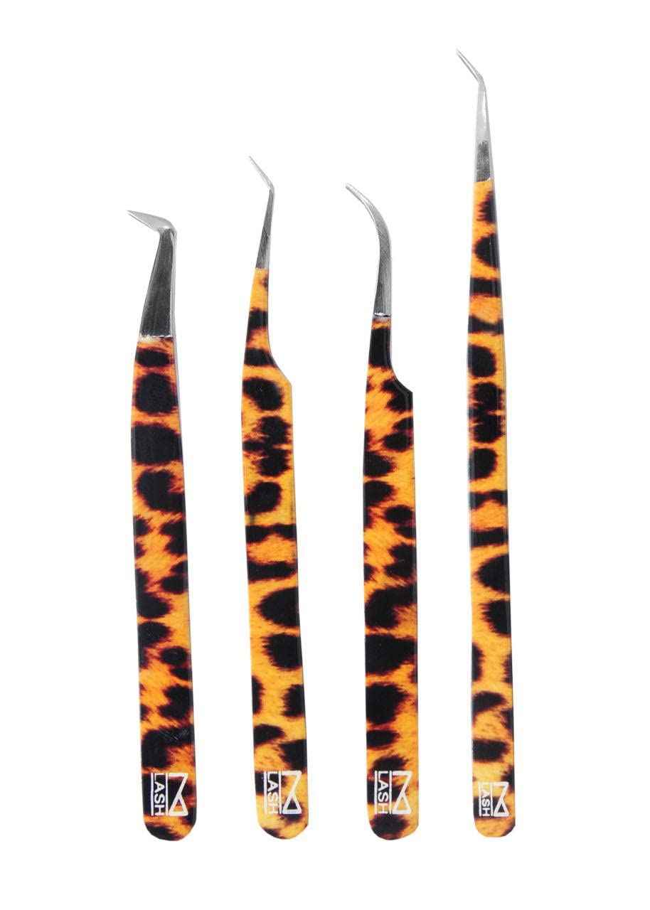 M LASH Tweezers for Eyelash Extensions (Set of 4) - Professional Lash Extension Tweezers - Fiber Tip, Japanese Steel, Diamond Grip Eyelash Extension Tweezer (Leopard)