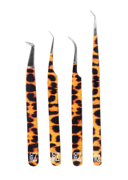 M LASH Tweezers for Eyelash Extensions (Set of 4) - Professional Lash Extension Tweezers - Fiber Tip, Japanese Steel, Diamond Grip Eyelash Extension Tweezer (Leopard)