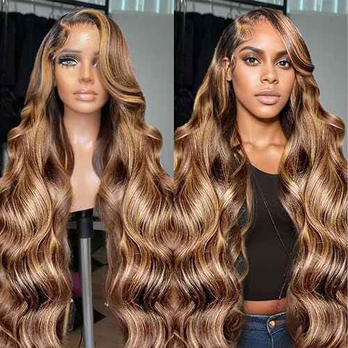 Honey Blonde Ombre 13x6 Lace Front Wig Human Hair 210 Density Highlight Body Wave Lace Front Wigs Human Hair Pre Plucked Glueless Lace Frontal Wig for Women 4/27 Colored 32Inch