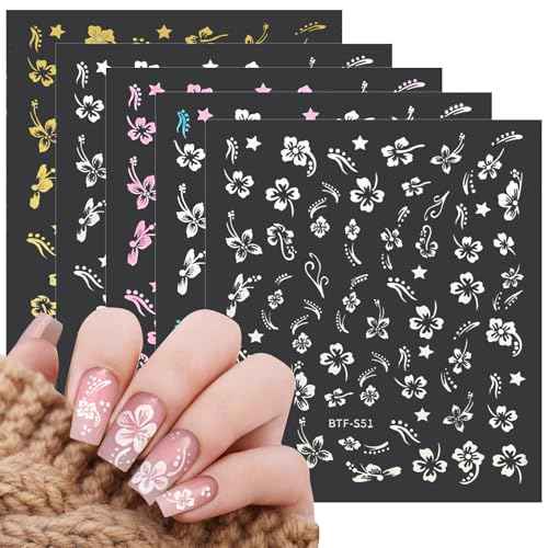 Flower Nail Stickers 10 Sheets Hibiscus Nail Decals White Pink Golden Clear Silver Decals Nail Art Decorations Nail Decals Nail Art Supplies Nail Designs for Women Manicure Tips