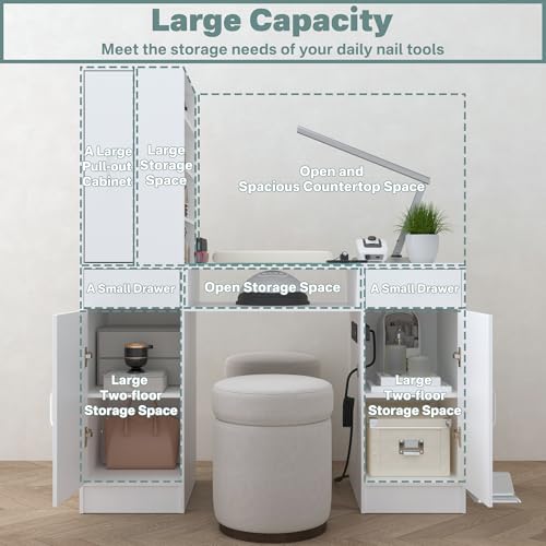 Manicure Table Nail Desk with Glass Top & Storage Cabinets for Salon