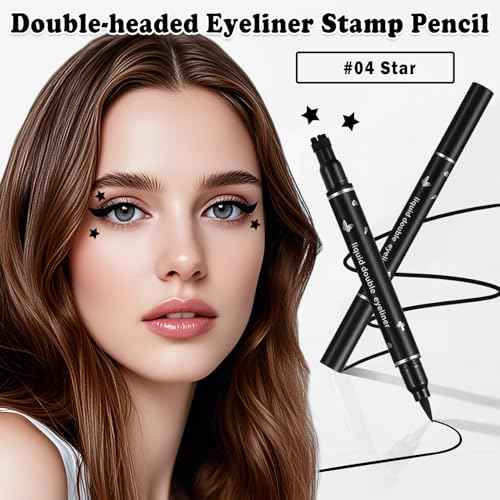 Double-headed Eyeliner Stamp Pencil Black Liquid Winged Eyeliner Stamp Pen Waterproof Smudgeproof Eye Liner Stamp for Eye Makeup(04 Star)