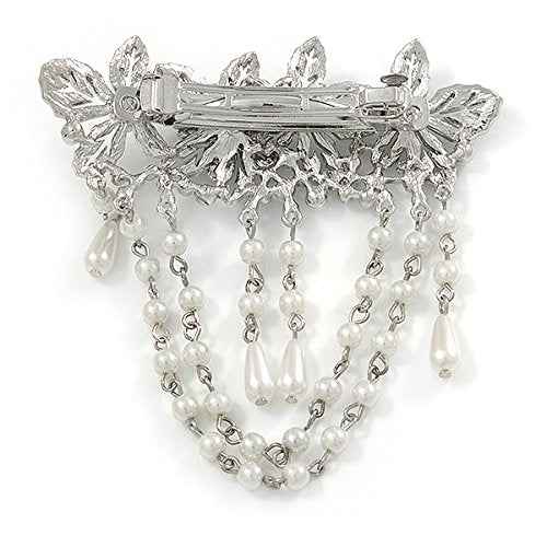 Rhodium Plated Clear Crystal, White Faux Pearl Floral Barrette Hair Clip Grip - 95mm Across