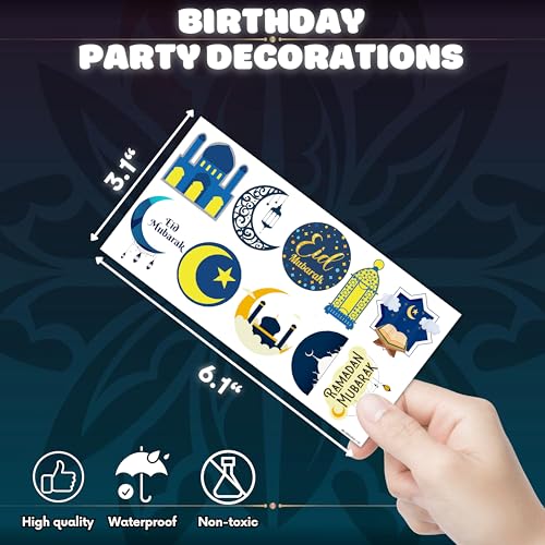 Eid Mubarak Temporary Tattoos 10 Sheets 100 PCS Ramadan Kareem Party Decorations Favors Supplies Themed Birthday Stickers Christmas Gifts for Boys Girls Class School Prizes Carnival Christmas
