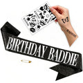 Birthday Baddie Sash – Black Glitter Satin Shoulder Accessory