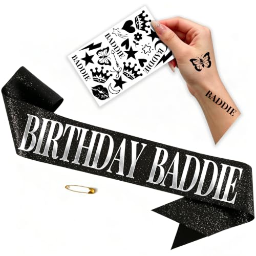 Birthday Baddie Sash – Black Glitter Satin Shoulder Accessory