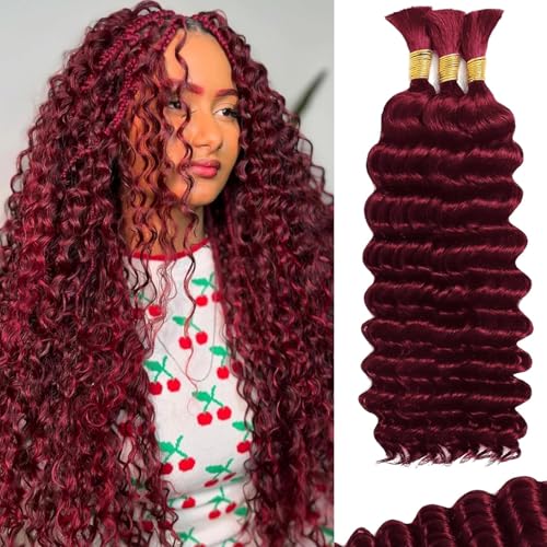 Boho Braiding Hair 110g Deep Wave Human Hair 3 Bundles #99J Burgundy 18"