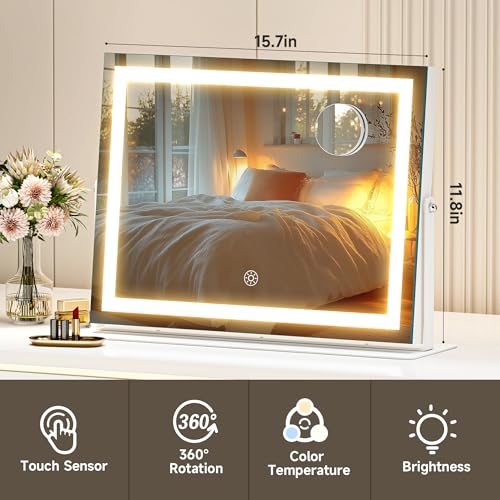 Hasipu Vanity Mirror with Lights, 15.7" x 11.8" LED Makeup Mirror, 3 Color Modes Touch Control and Brightness Adjustment Lighting Mirror, 10X Magnifying Glass, 360¡Æ Rotation