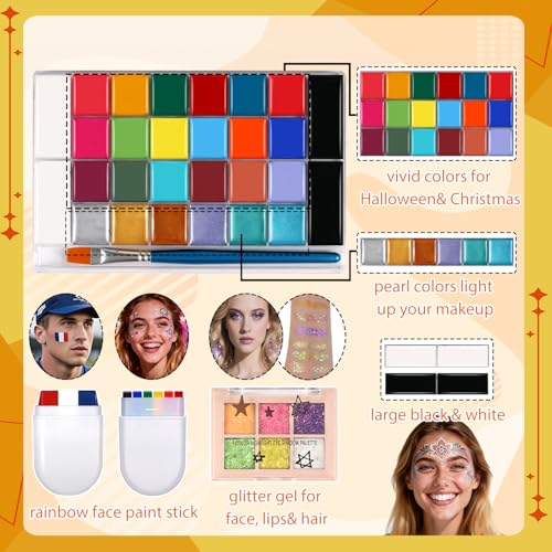 28-Color Face Paint Kit with Brushes, Stencils & Sponges