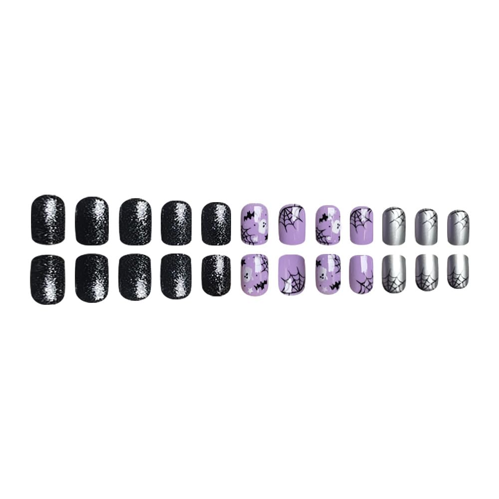 Halloween Purple Press on Nails Short Square Fake Nails with Black Glitter Design Halloween Glue on Nails Full Cover Halloween Nails Stick on Nails for Women Halloween Nail Art Decoration 24Pcs