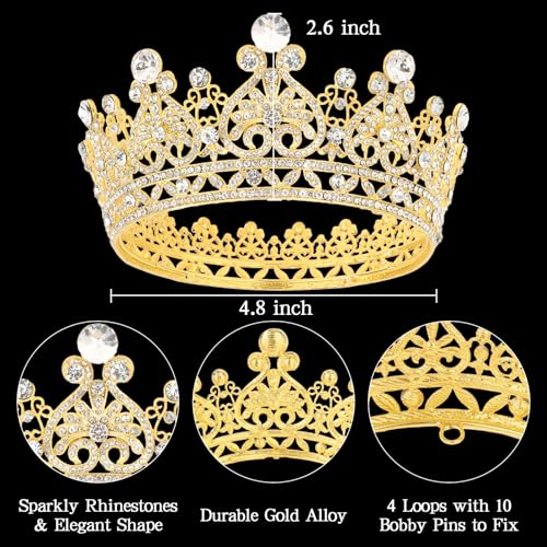 Gold Princess Crown Tiara with Rhinestones - Elegant Hair Accessory