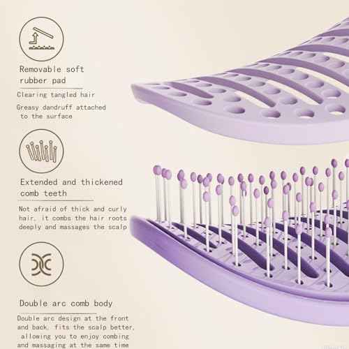 Self Cleaning Hair Brush with Lift Pad, ABS Vent Brush for Blow Drying, Dual Curve Design with Extra Long & Thick Bristles, Wet Hair Brush for Women, Girls & Kids£¨Purple£©