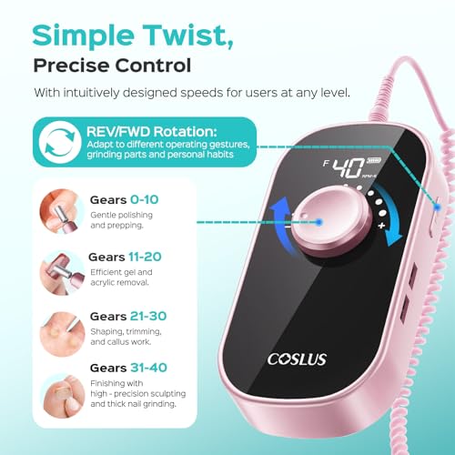 Electric Nail Drill E51, 40000RPM Professional Nail Tool for Manicure & Gel Removal - Rechargeable with LCD Display, Pink