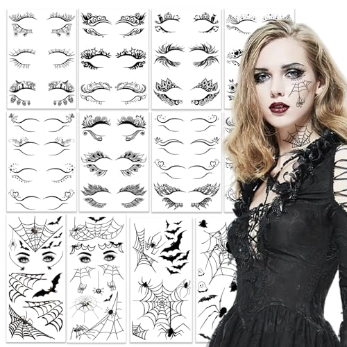 Halloween Face Temporary Tattoos - 12 Sheets Spider Web Skull Bat Eye Makeup