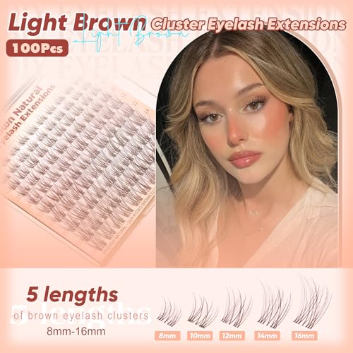 Brown Lash Clusters - DIY Eyelash Extensions, 100Pcs 8-16mm