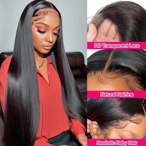 SUNKASA 24 Inch Black 13x6 HD Lace Front Human Hair Wig - Glueless, Natural Straight, Pre Plucked with Baby Hair