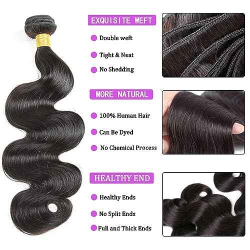 Bundles with Closure Human Hair Body Wave 12 14 16+10 Inch 100% Unprocessed Brazilian Virgin Hair Extensions 3 Bundles with 4x4 Free Part Lace Closure Natural Black