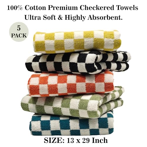 5 Pack 13 x 29 Inch Decorative Face Towels and Hand Towels, 100% Cotton, Ultra-Soft, Highly Absorbent, with Stylish Checkered Pattern Perfect for Bathroom, Kitchen, Pool, Yoga, Travel, and Gym.