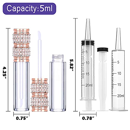 AMORIX 24 Pack Pearl Diamond Lip Gloss Tubes with Wand 5ml Empty Containers + 2pcs Syringes for DIY Lip Balm
