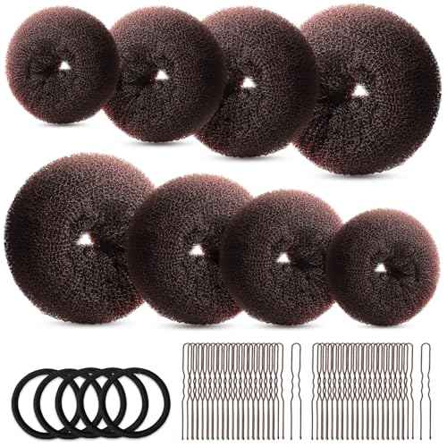 FANDAMEI Hair Bun Maker Set- 8 PCS Hair Donuts for Buns (2 Extra-large,2 Large,2 Medium and 2 Small), 40 PCS Bobby Pins, 5 PCS Hair Elastic Ties Black,Bun Maker - Brown