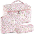 Makeup Bag for Women 3PCS Quilted Cotton Make Up Bag Travel Cosmetic Bag Large Makeup Bag Set Cute Makeups Organizer Floral Toiletry Pouch for Purse, Pink Floral D
