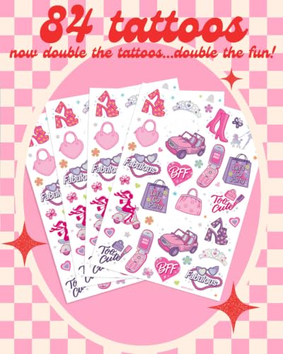 84 Pink Party Temporary Tattoos - Birthday Party Supplies