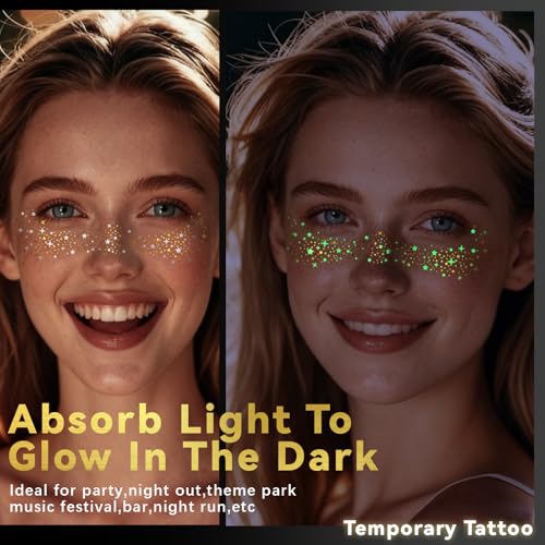 Glow in the Dark Glitter Freckle Tattoos – 6pc Gold Star Face Stickers