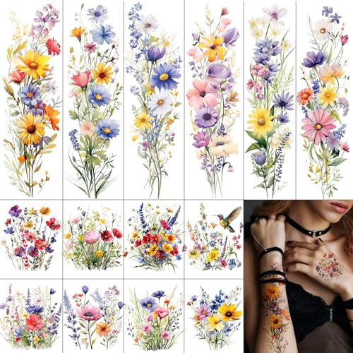 14 Piece Flower Temporary Tattoos Set - Watercolor Floral Design