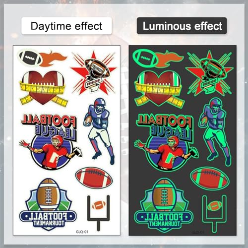 10 Sheets American Football Temporary Tattoos Sports Topic Luminous Fluorescent Temporary Tattoo Sticker Super Bowl Fake Tattoo for Men Women Boys Girls Ball Gmae Party Favor Makeup Costume Supplies