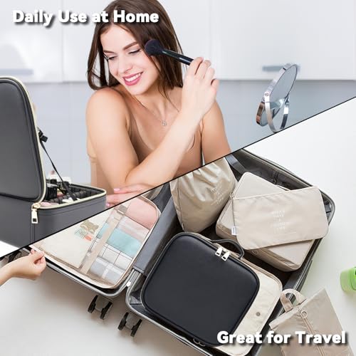 Travel Makeup Bag with LED Mirror with 3 Lighted Settings, Adjustable Dividers, Makeup Brush Storage Bag and Jewelry Case Black