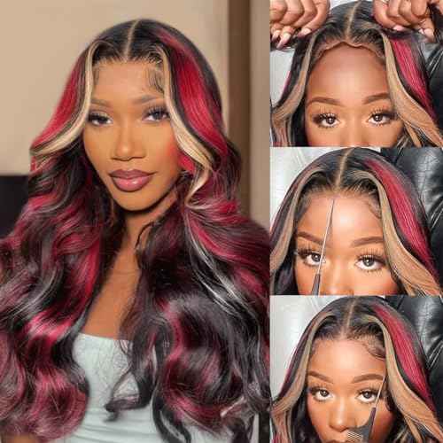 13X6 Burgundy Lace front Wigs Human Hair Ombre Lace Front Wig 24Inch 1B/27/99J Highlight Lace Front Wig Human Hair Burgundy Colored Body Wave Wigs Pre Plucked