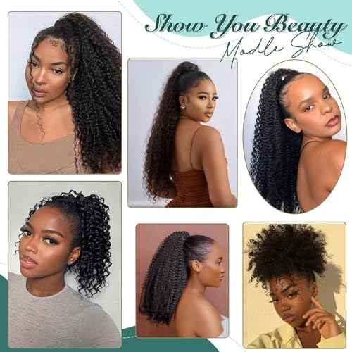 Ponytail Extension Human Hair Curly Ponytail Extension for Black Women Long Afro Puffs Hair Buns Drawstring Ponytail Human Hair (14 Inch #1B Natural Black)