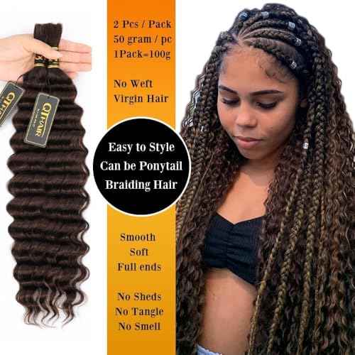 QTHAIR 16A Deep Wave Bulk Human Hair For Braiding No Weft 100% Unprocessed Brazilian Virgin Hair Extensions Chocolate Brown Braiding 100g 18 Inch Human Hair for Braiding Two Bundles