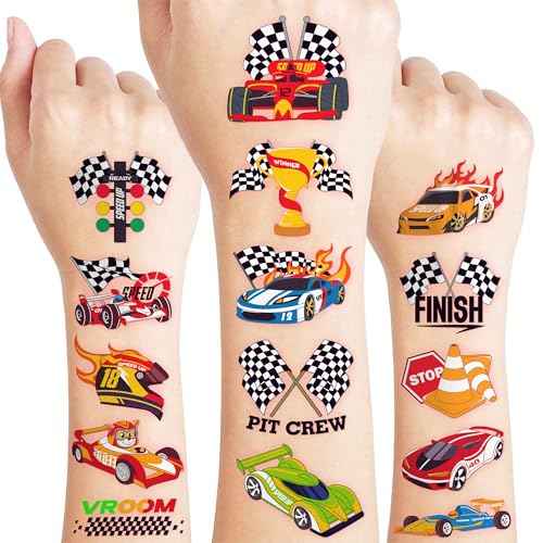 96 PCS Racing Car Pre-Cut Temporary Tattoos for Kids | Super Cute Racing Car Themed Birthday Party Favors, Supplies, Decorations, Fake Tattoo Stickers (Multiple)