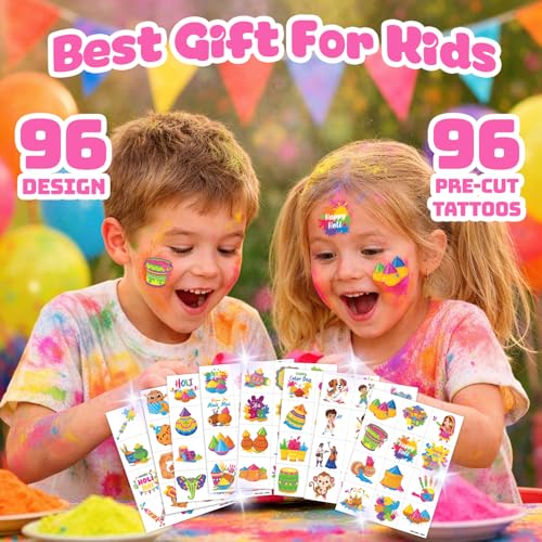 96 PCS Holi Hai Festival Temporary Tattoos for Kids