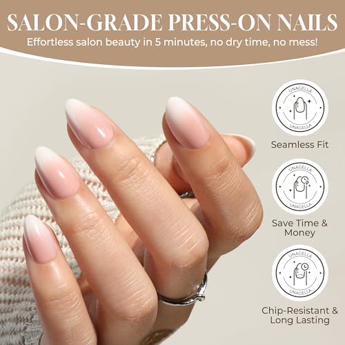 UNA GELLA Press On Nails Short Almond Ombre - 32 Reusable Gel Nails