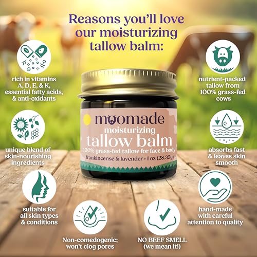 Organic Beef Tallow Balm with Frankincense, Lavender, & Rosehip Oil, 1 oz ? Hand Made in USA Tallow Moisturizer for Dry, Sensitive Skin, Rosacea, Eczema | Natural Hydration for Face & Body