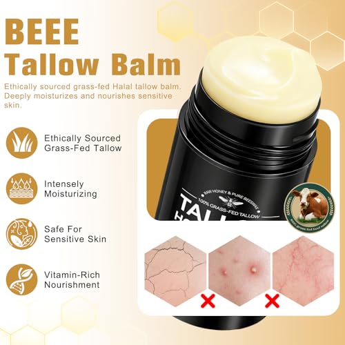 Beef Tallow for Skin, Organic Beef Tallow Balm Stick, 100% Grass-Fed Honey & Beeswax, Deep Hydration For Dry & Aging Skin, Natural Barrier, Nourishing Moisturizer, 2.6oz