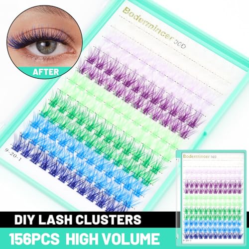 BODERMINCER Lash Clusters Kit 10-12-14-16mm Mixed Natural D Curl Fairy Lashes Pre-glue Extension Bond and Seal for Self Use DIY at Home (Colorful 16MM M02#)