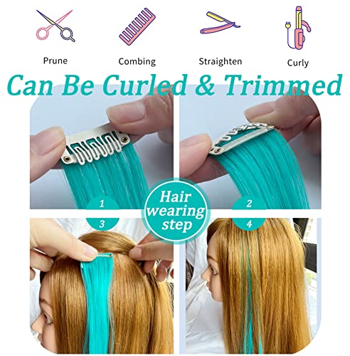 Rhyme Multi-color Hair Extensions for Girls Princess Party Highlight 21 inch Colored Hair Extensions Clip in/on for Girls and Kids Wig Pieces 8PCS (Teal Pink)