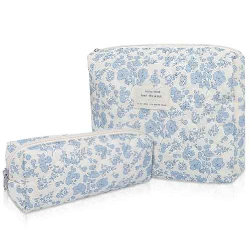2PC Makeup Bag Set, Cute Cosmetic Bag for Women Girls, Floral Coquette Aesthetic Toiletry Bag, Travel Make Up Organizer Bag (Blue Floral)