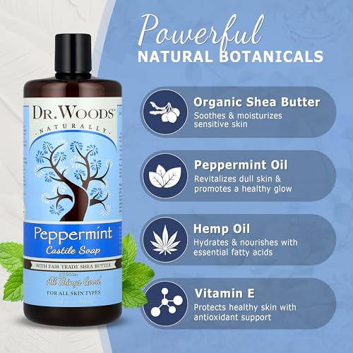 Dr. Woods Peppermint Liquid Castile Soap with Pump - Castile Soap with Pure Peppermint Oil, Body Wash for Men and Women, Organic Shea Butter, Natural Cleaner for Face, Hands, and Body - 32 Fl Oz